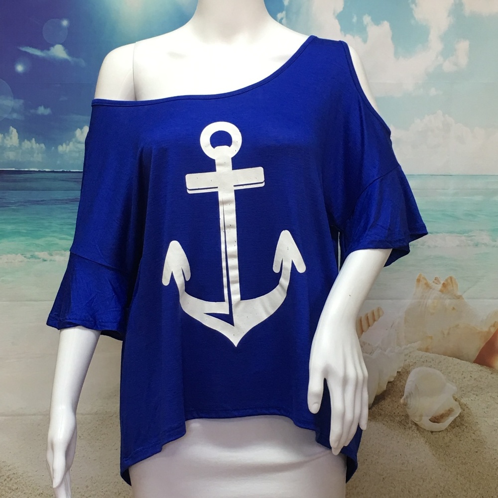 Women’s Anchor Cold Shoulder Top Blouse - Picture 7 of 8
